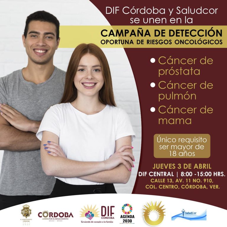 El #DIFCórdoba en colaboración con SaludCor realizará el próximo 3 de abril  la campaña de detección oportuna de riesgos oncológicos gratuita solo se requiere ser mayor de 18 años.